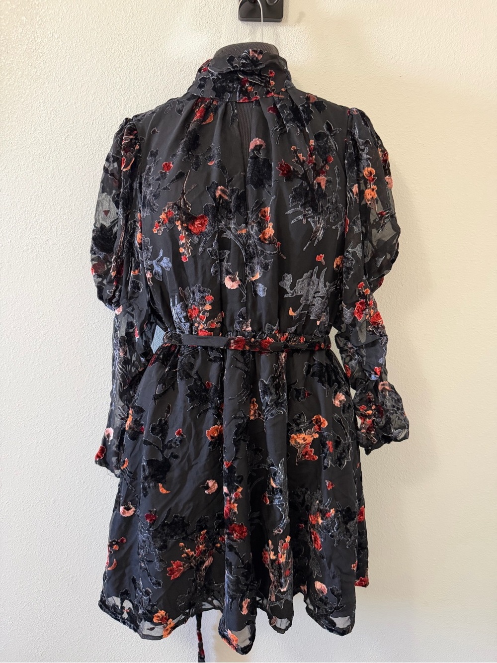 French Connection Black Floral Velvet-Embroidered Long Sleeve Dress
